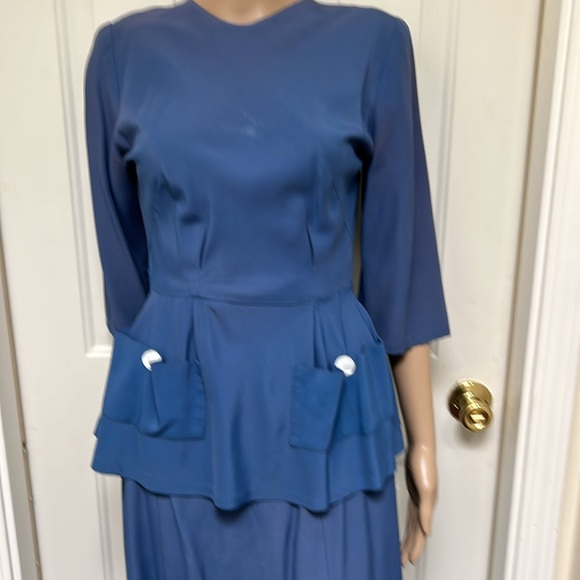 VTG Women's 40s Blue 2 Piece Top & Skirt Set 1940s Dress Suit Peplum Outfit - Picture 2 of 10